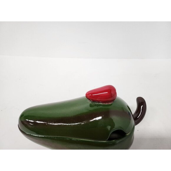 Vintage Mexican Pottery Green Jalapeno Pepper Salsa Dish Ceramic Covered - Picture 2 of 11